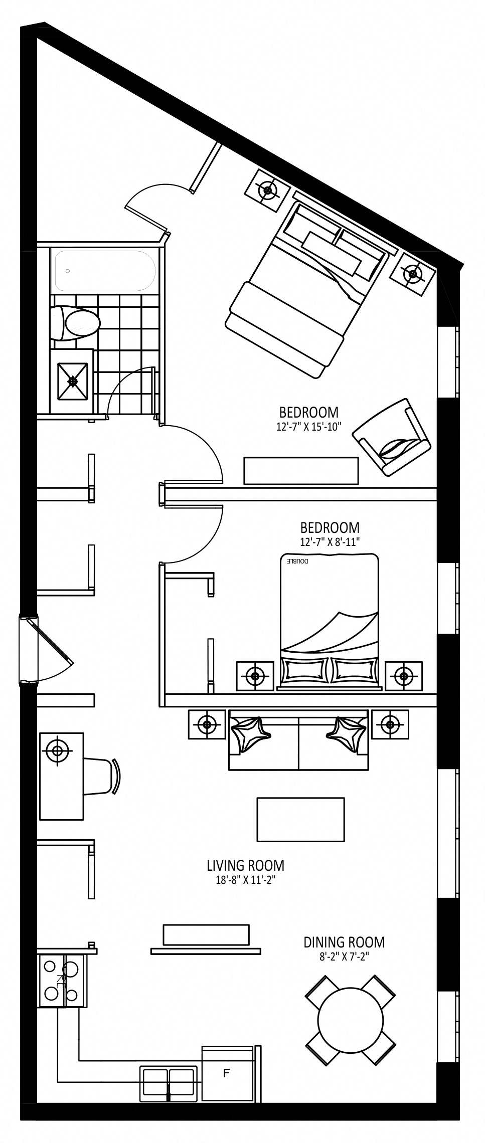 Floor plan for 2 beds, 1 bath, 900 sqft
